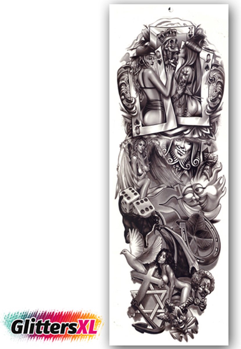 GlittersXL - Temporary Tattoo Sleeve Zwart/Grijs (48x17 cm) [Neptattoo - Tijdelijke tatoeage - Nep Fake Tattoos - Water overdraagbare festival sticker henna outfit tattoo - Glitter tattoo - Volwassenen Kinderen Jongen Meisje - Poker]